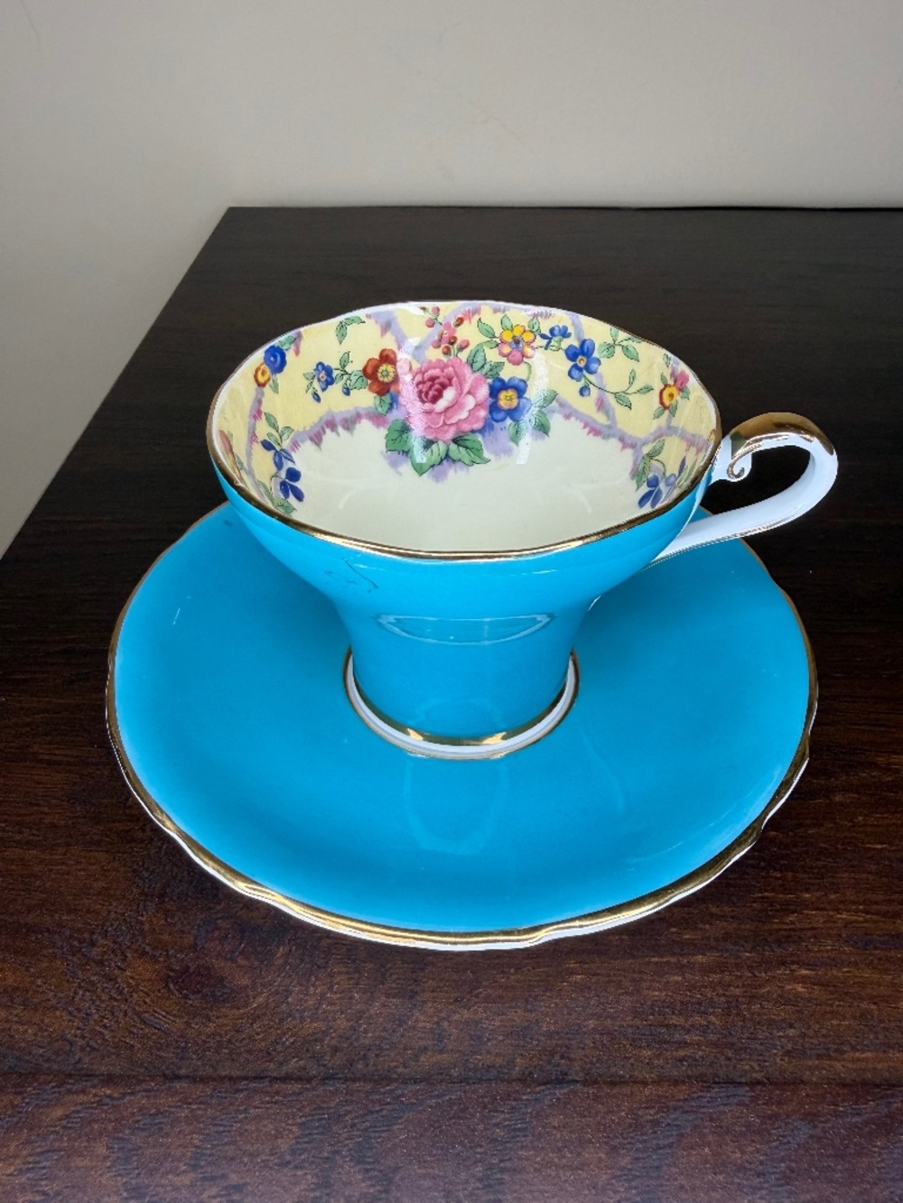 Vintage Aynsley Turquoise Teacup Saucer Set B5304 Cabbage Rose Gold Gilt 1960s